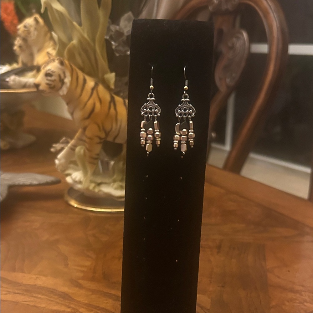 Ornate Silver and Cream Beaded Earrings